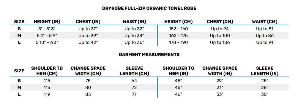 2025 Dryrobe Organic Zip Towel Robe 0 Size Chart